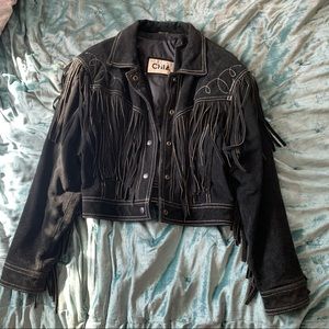 Crop Black Leather Fringe Jacket (Chia)